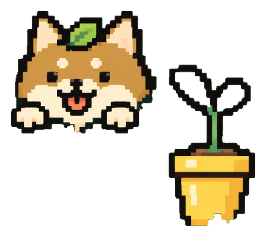 Bush Dog, a pixel-art shiba with a leaf on his head, peeking up beside a yellow pot with a seedling