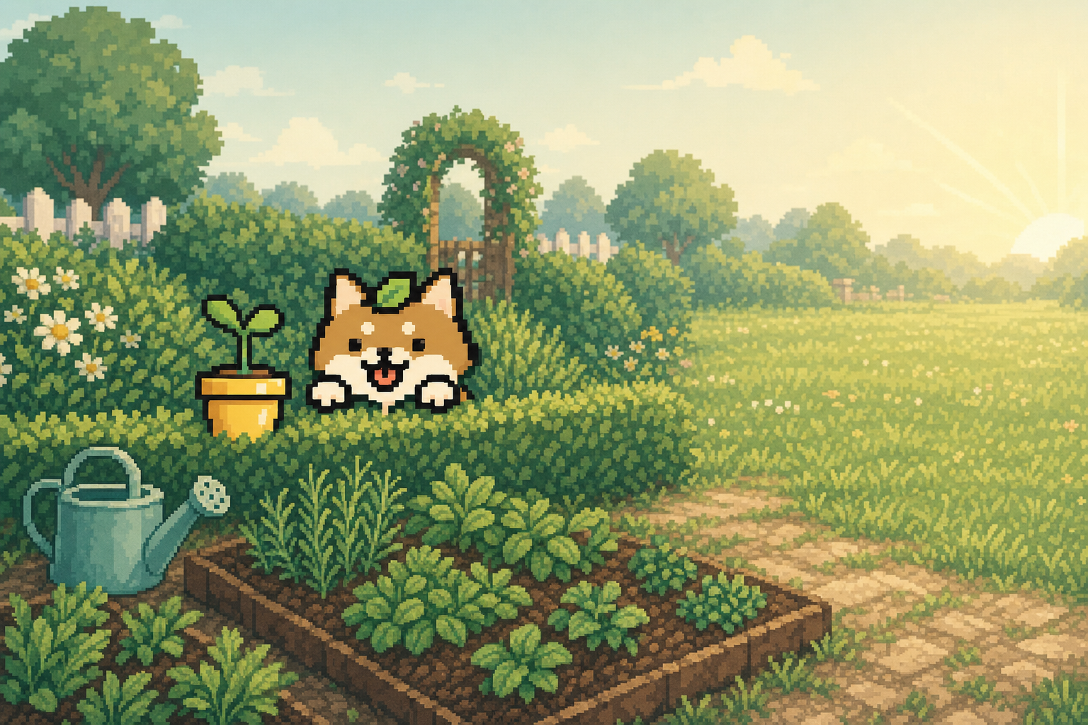 Bush Dog peeking over a garden hedge beside his yellow pot, with a watering can and a raised bed of seedlings in morning light